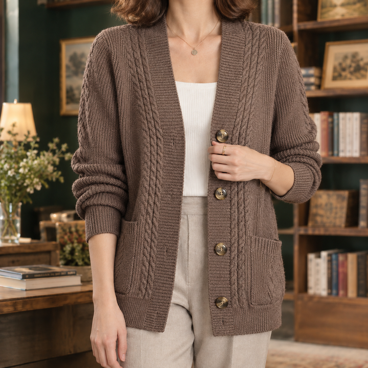 Cardigan Femme Maille Torsadée Col V Boutonné Poches Plaquées