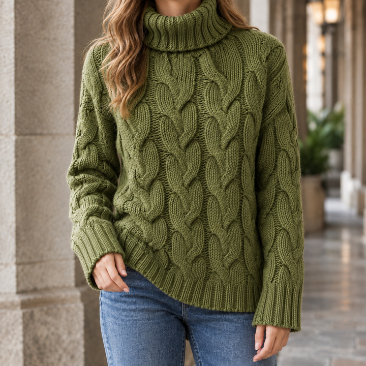 Pull Femme Oversize Col Roulé Maille Câble