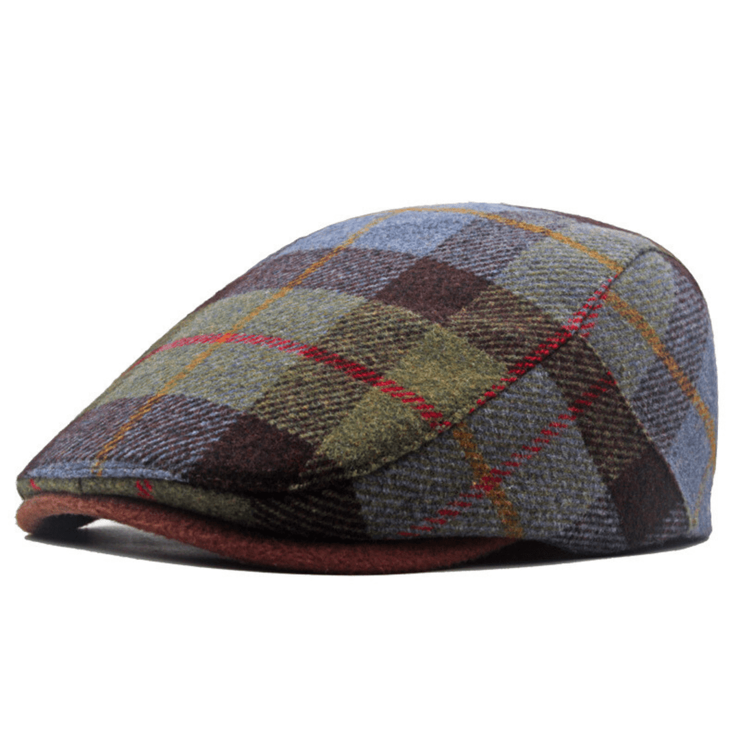 Casquette Plate Homme en Laine avec Motif Tartan et Visière Courte