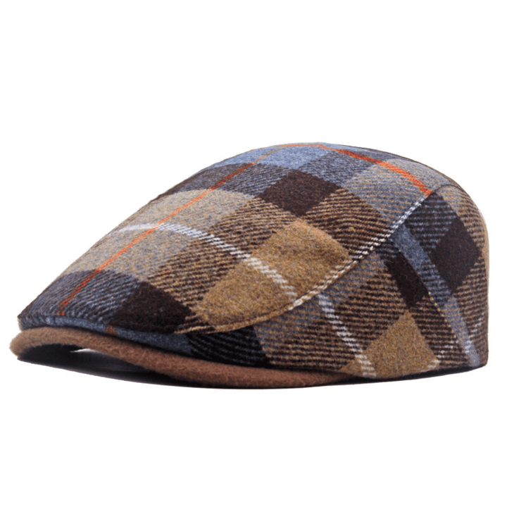 Casquette Plate Homme en Laine avec Motif Tartan et Visière Courte