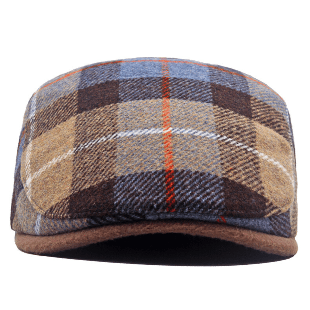 Casquette Plate Homme en Laine avec Motif Tartan et Visière Courte