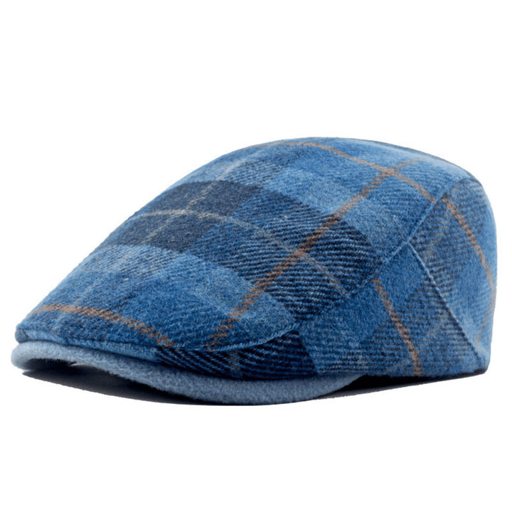 Casquette Plate Homme en Laine avec Motif Tartan et Visière Courte
