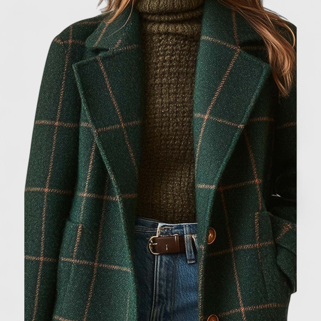 Manteau Long Femme à Carreaux avec Col à Revers