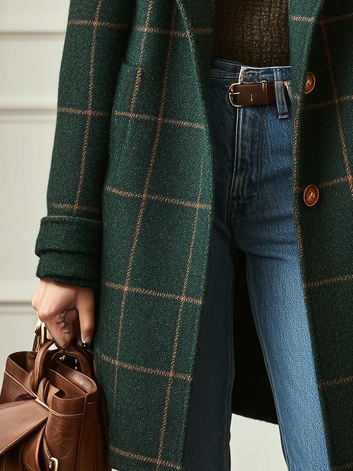 Manteau Femme en Tweed à Carreaux avec Col à Revers