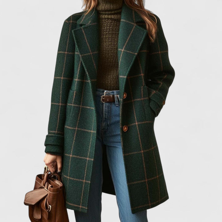 Manteau Long Femme à Carreaux avec Col à Revers