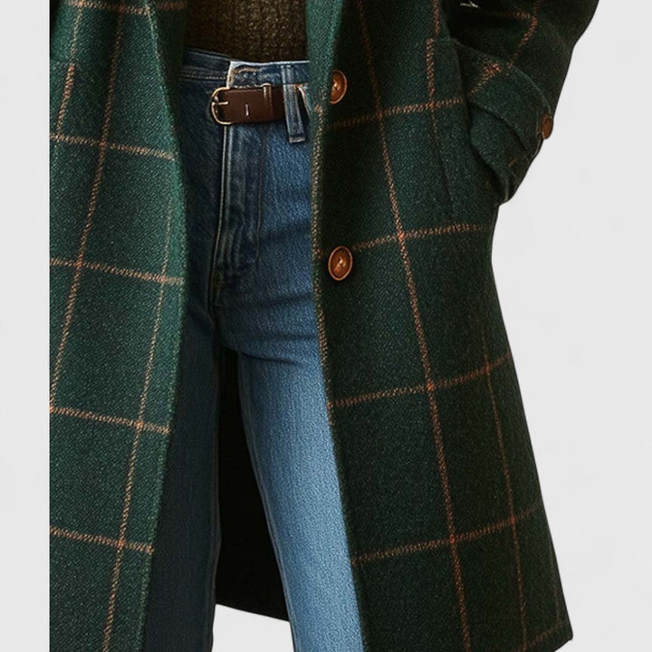 Manteau Long Femme à Carreaux avec Col à Revers