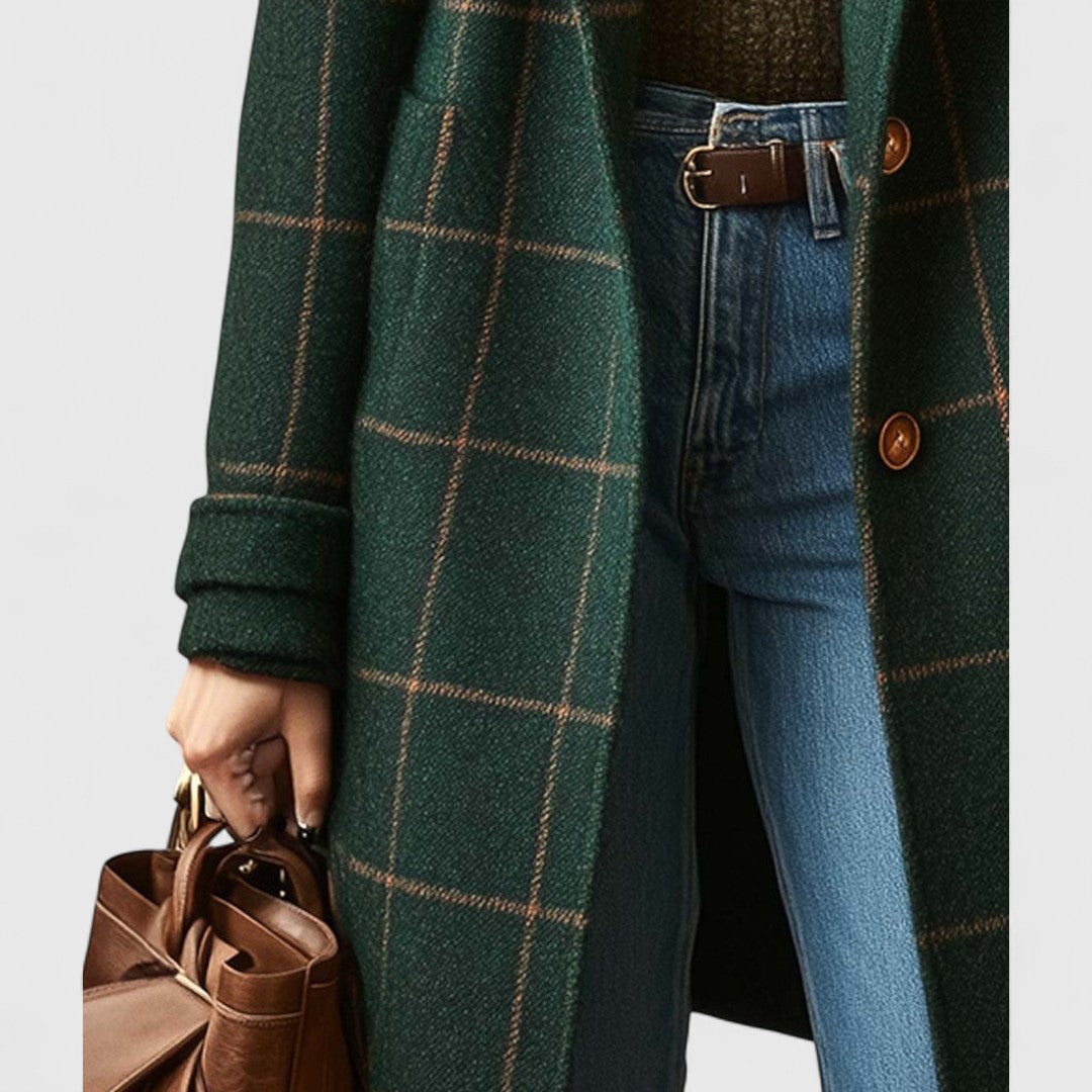 Manteau Long Femme à Carreaux avec Col à Revers