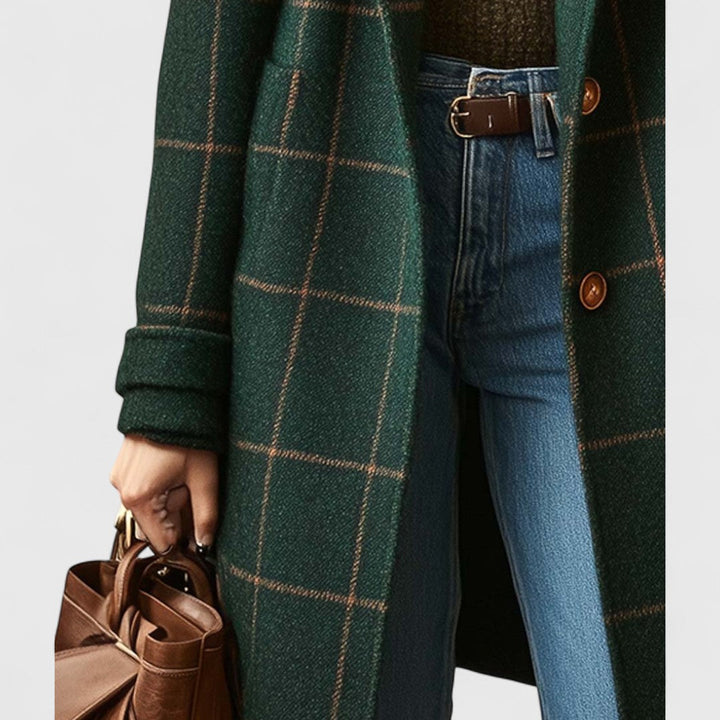 Manteau Long Femme à Carreaux avec Col à Revers