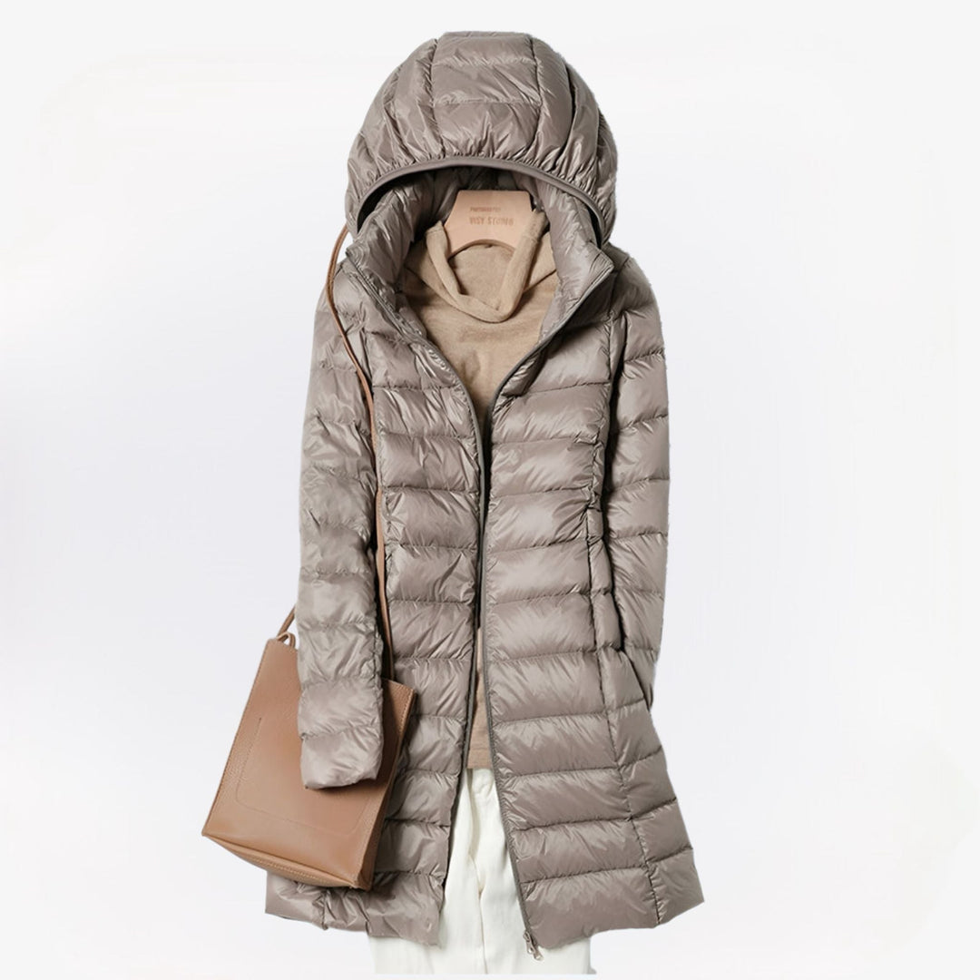 Manteau Long Femme Imbotté À Capuche Fermeture Zippée Et Poches Latérales
