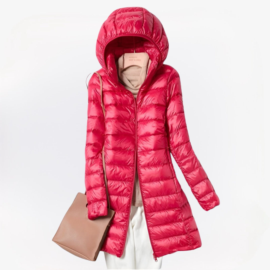 Manteau Long Femme Imbotté À Capuche Fermeture Zippée Et Poches Latérales