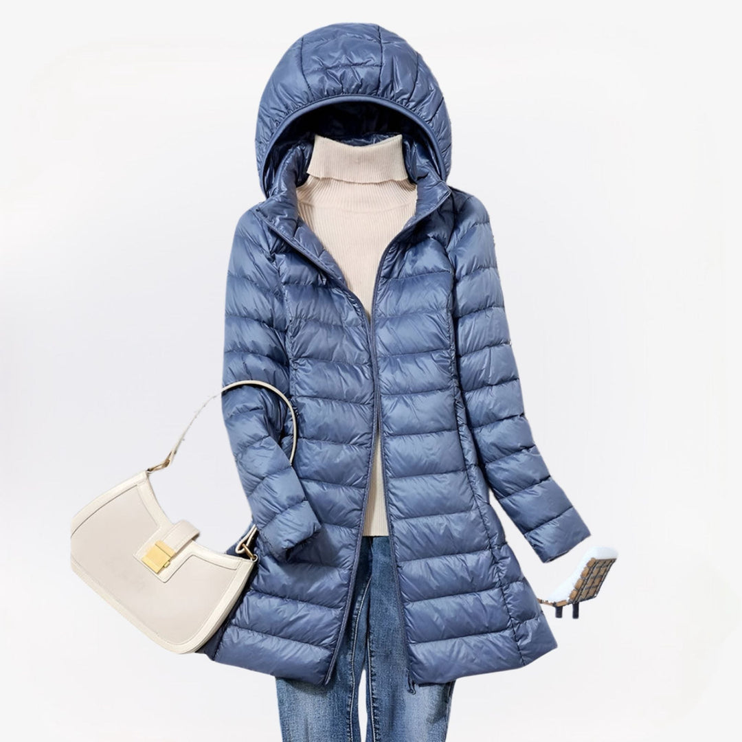 Manteau Long Femme Imbotté À Capuche Fermeture Zippée Et Poches Latérales