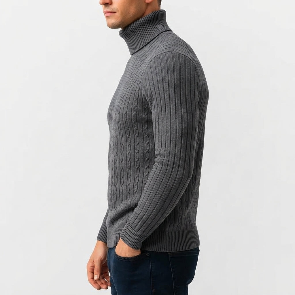 Pull Col Roulé Homme Maille Torsadée Manches Longues