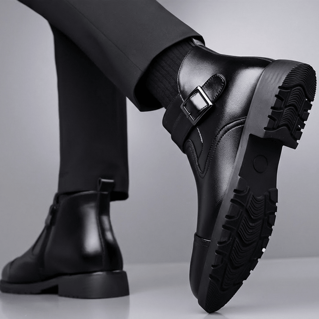 Bottes Homme en Cuir avec Sangle à Boucle et Semelle Crantée