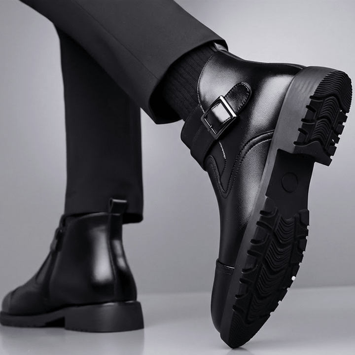 Bottes Homme en Cuir avec Sangle à Boucle et Semelle Crantée