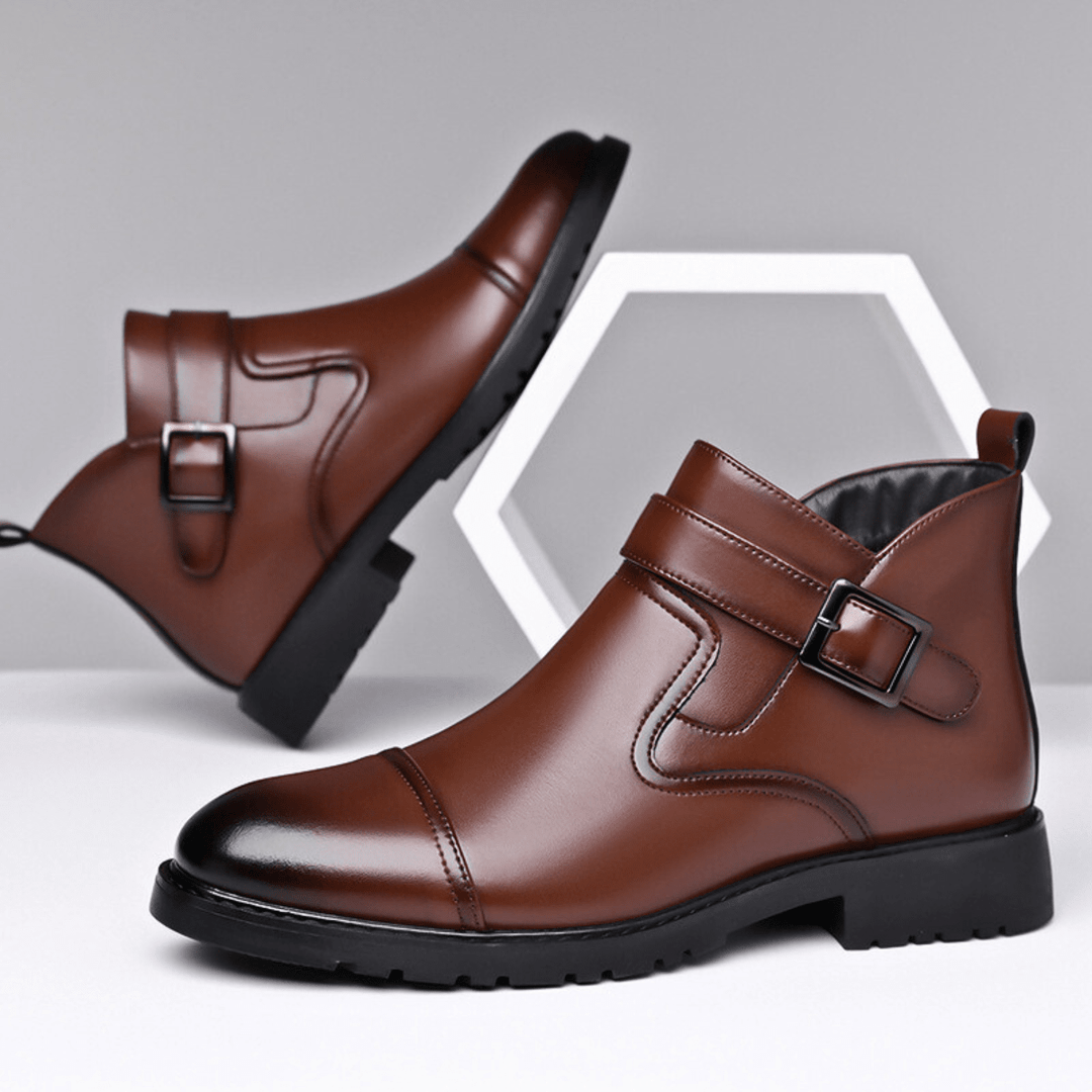 Bottes Homme en Cuir avec Sangle à Boucle et Semelle Crantée