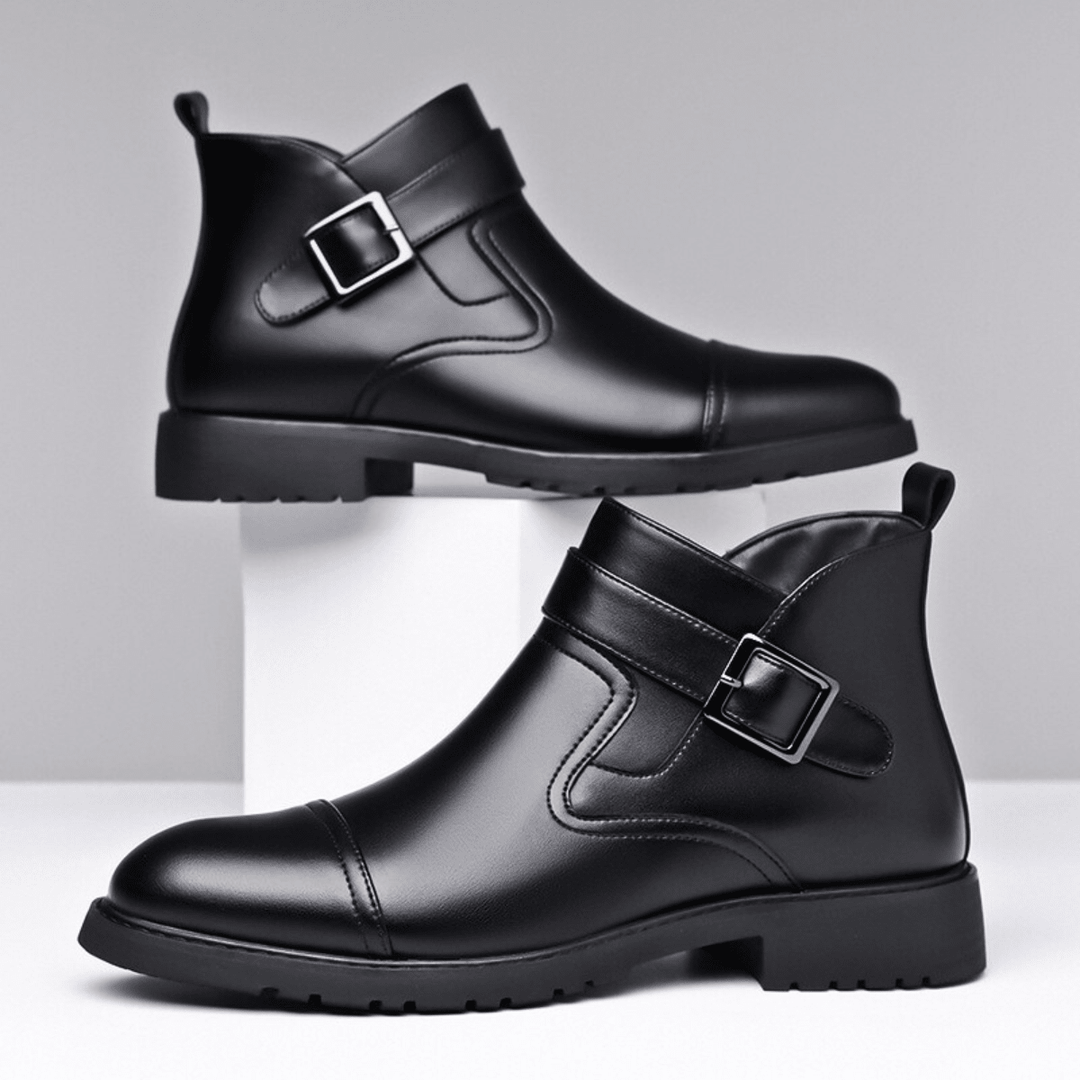Bottes Homme en Cuir avec Sangle à Boucle et Semelle Crantée