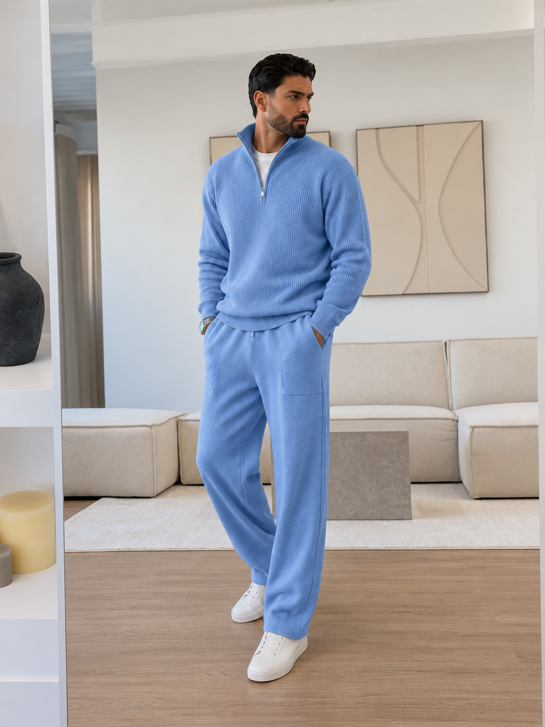 Ensemble En Maille Homme Demi Zip Col Montant Et Pantalon
