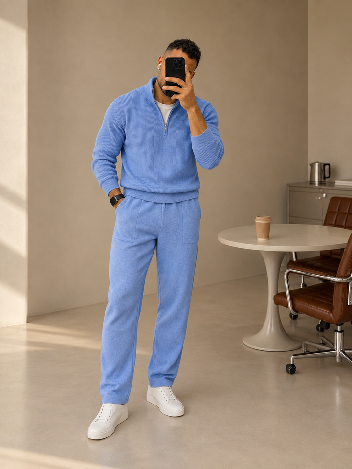 Ensemble En Maille Homme Demi Zip Col Montant Et Pantalon