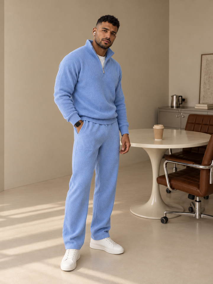 Ensemble En Maille Homme Demi Zip Col Montant Et Pantalon