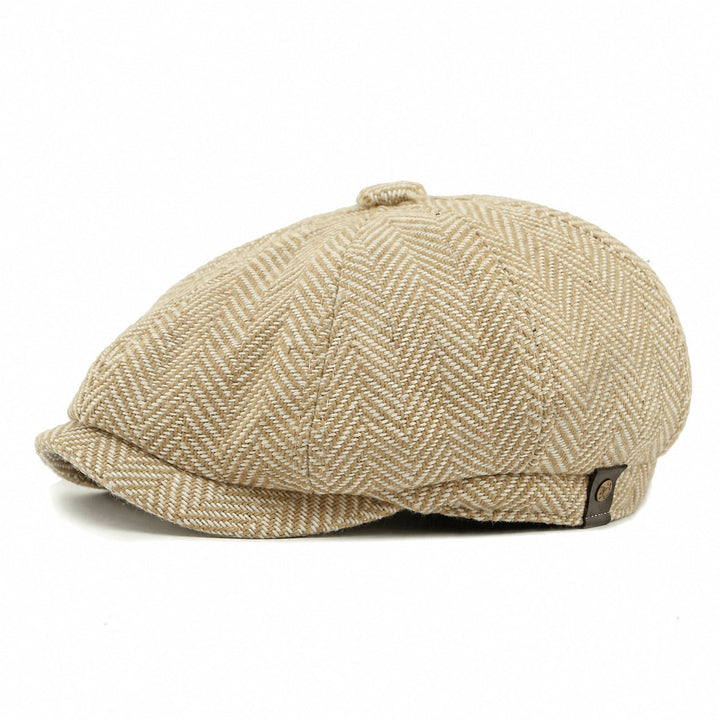Casquette Newsboy Homme en Tweed Motif Chevrons avec Bouton et Visière Courte