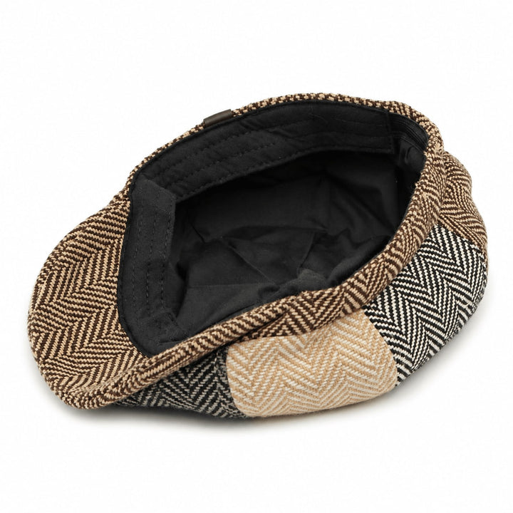 Casquette Newsboy Homme en Tweed Motif Chevrons avec Bouton et Visière Courte