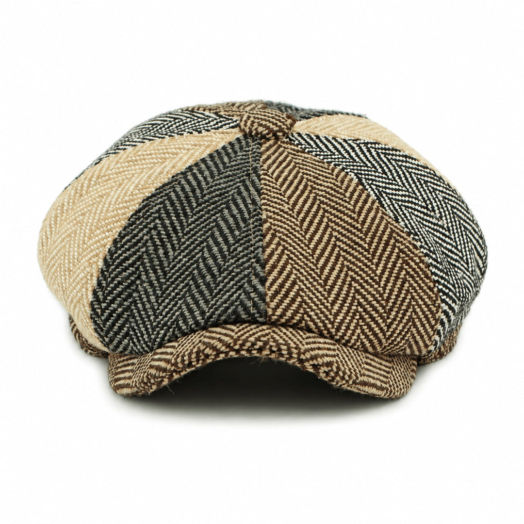 Casquette Newsboy Homme en Tweed Motif Chevrons avec Bouton et Visière Courte