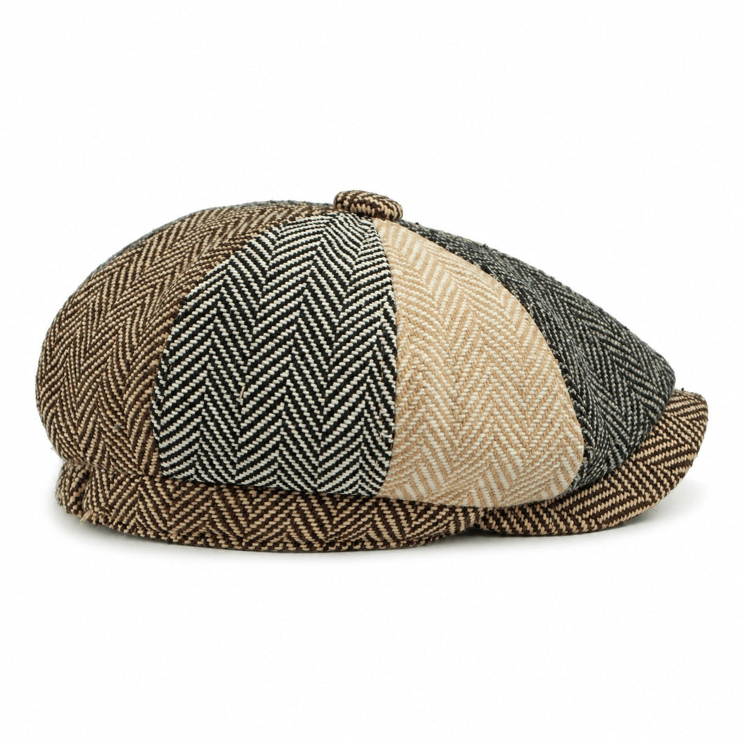 Casquette Newsboy Homme en Tweed Motif Chevrons avec Bouton et Visière Courte