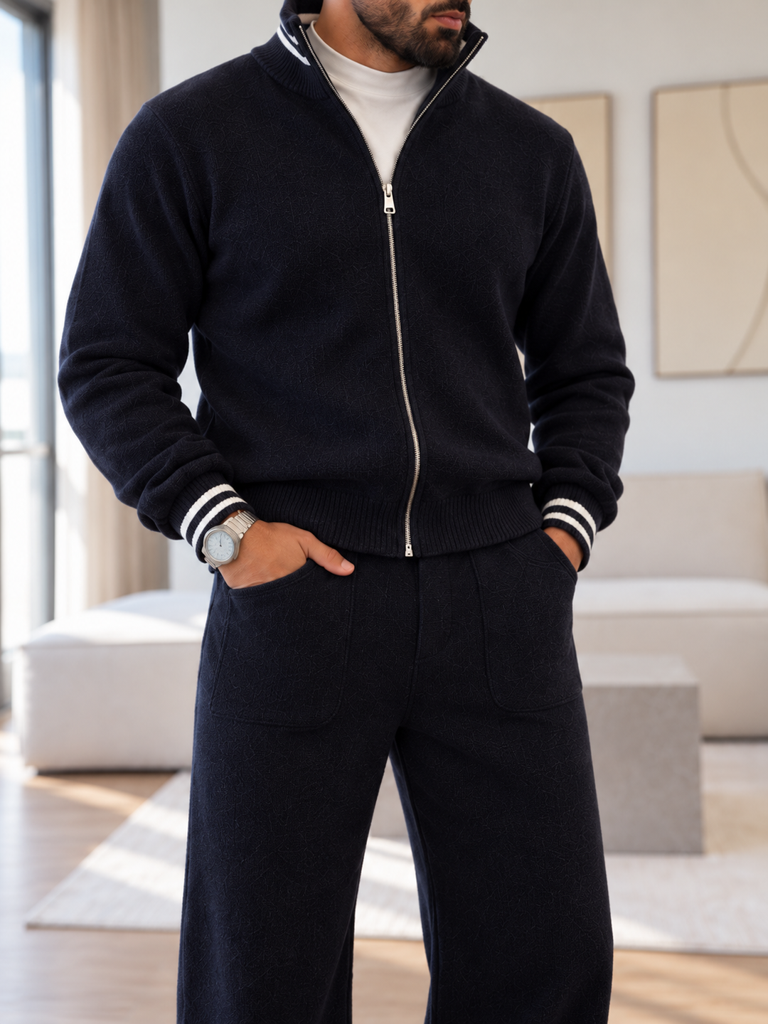 Ensemble Maille Homme Veste Col Montant Poignets Rayés Et Pantalon