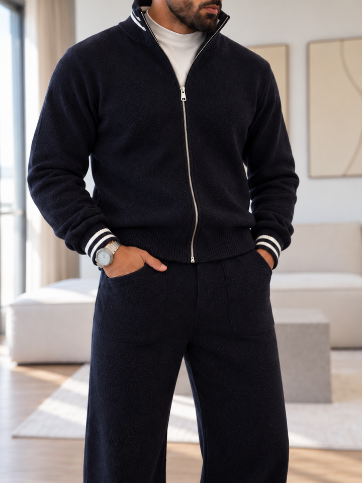 Ensemble Maille Homme Veste Col Montant Poignets Rayés Et Pantalon