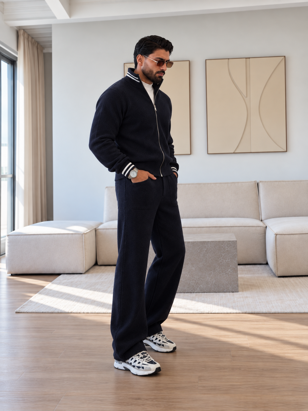 Ensemble Maille Homme Veste Col Montant Poignets Rayés Et Pantalon