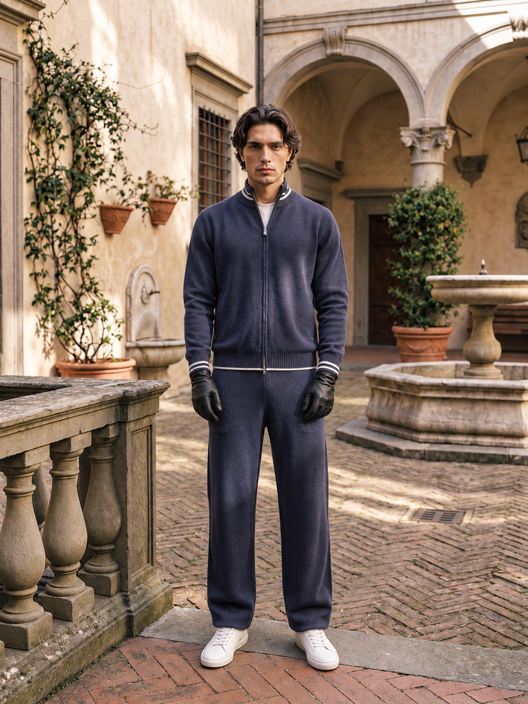 Ensemble Maille Homme Veste Zippée Col Montant Liseré Contrastant