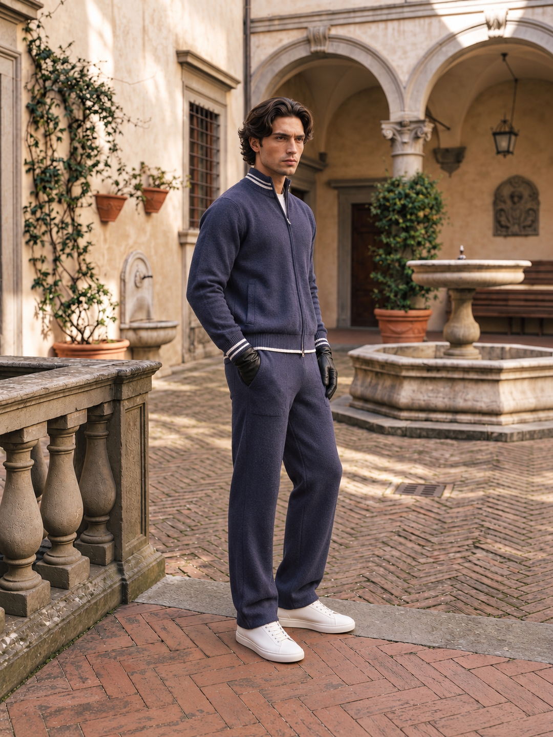 Ensemble Maille Homme Veste Zippée Col Montant Liseré Contrastant