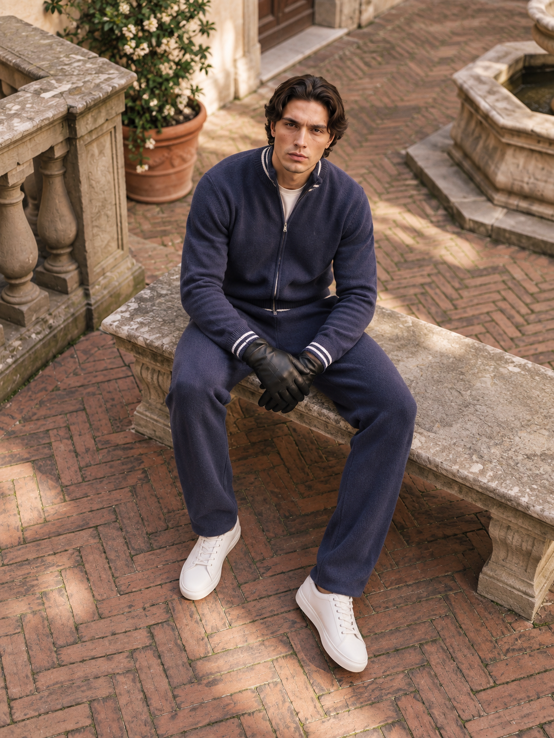 Ensemble Maille Homme Veste Zippée Col Montant Liseré Contrastant