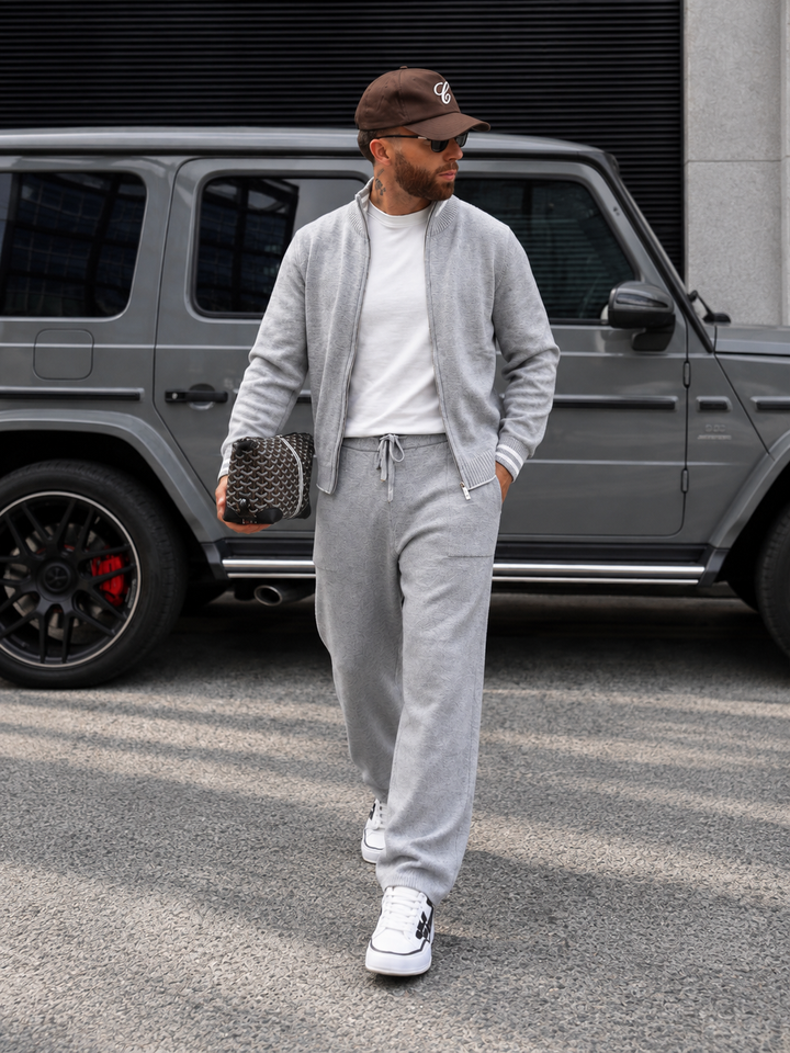 Ensemble Maille Homme Veste Zippée Col Montant Et Pantalon Droit
