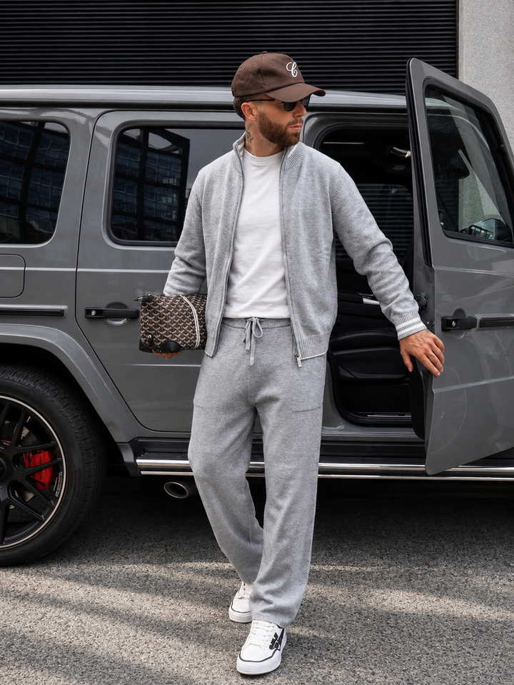 Ensemble Maille Homme Veste Zippée Col Montant Et Pantalon Droit