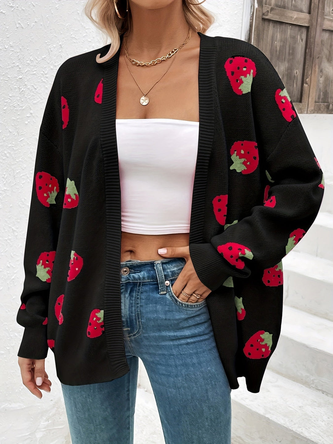 Cardigan Femme Maille Oversize Avec Motif Fraises