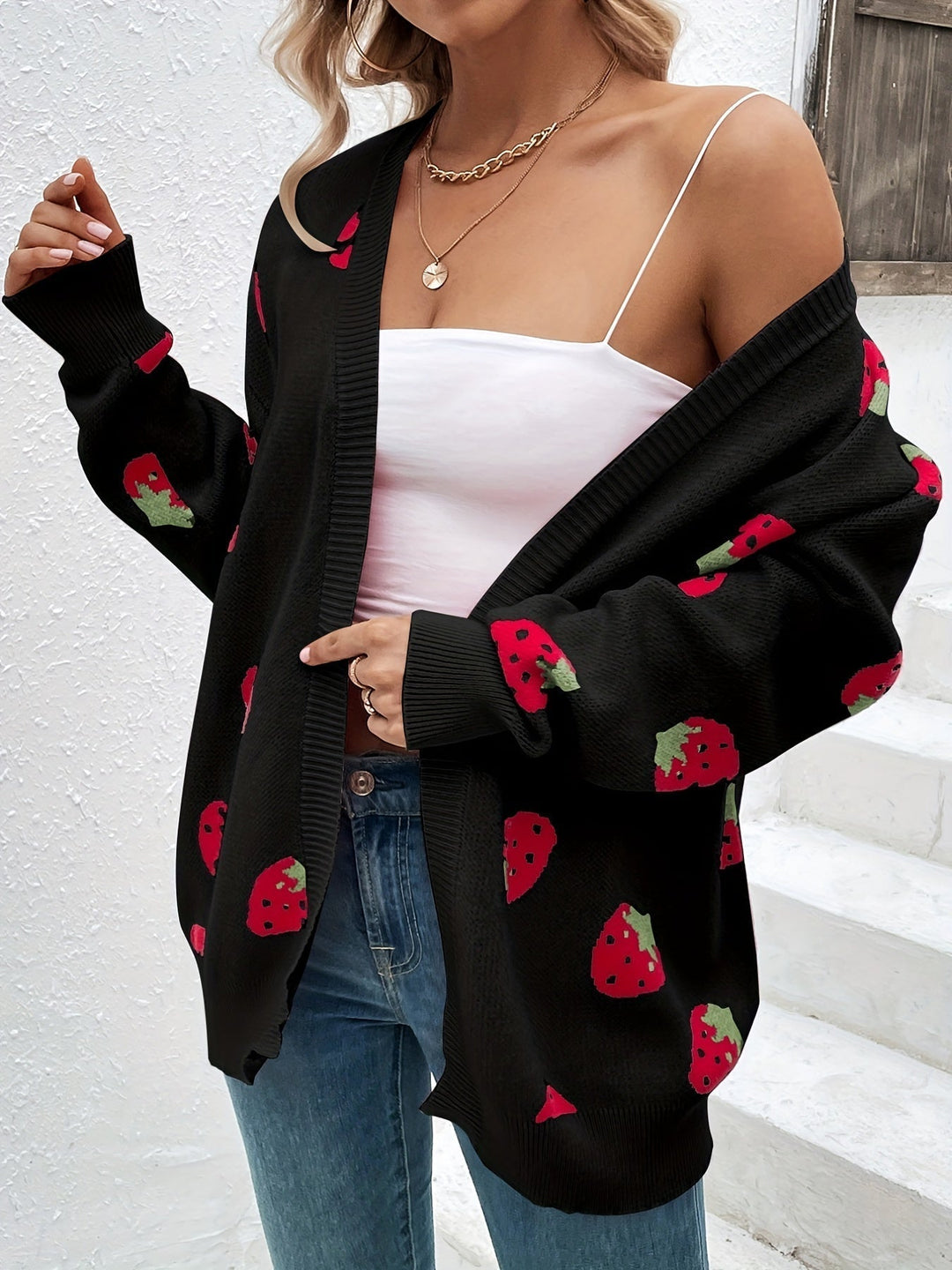 Cardigan Femme Maille Oversize Avec Motif Fraises