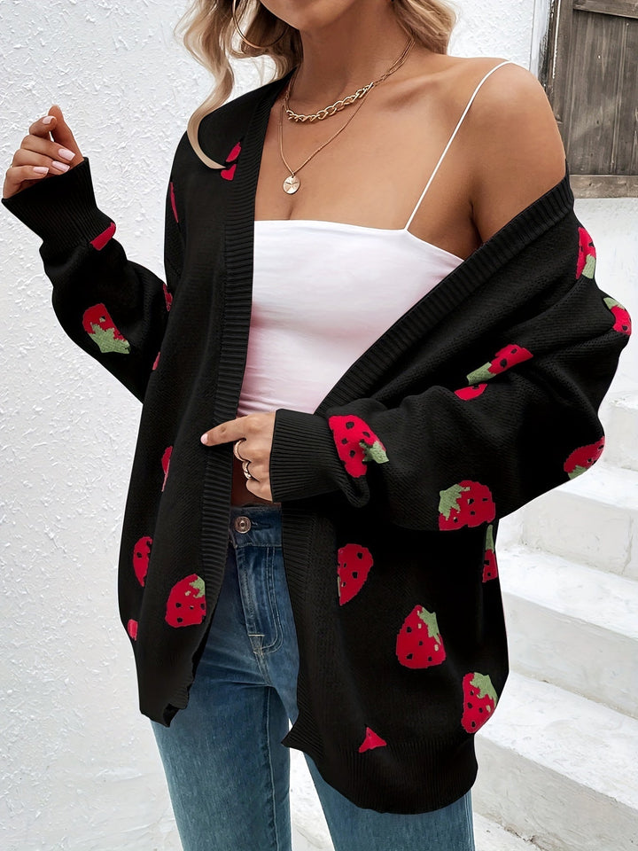 Cardigan Femme Maille Oversize Avec Motif Fraises