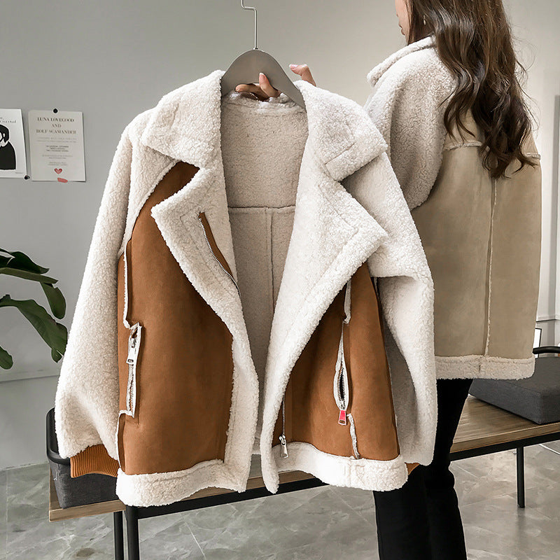 Veste d’Hiver Courte Femme en Suède avec Doublure Pelucheuse