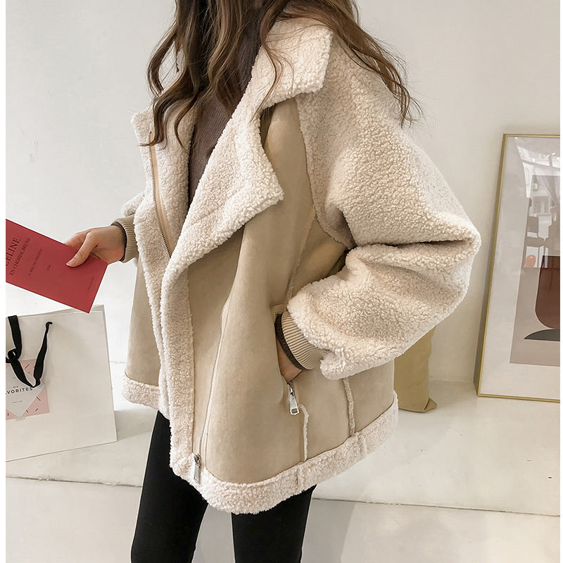 Veste d’Hiver Courte Femme en Suède avec Doublure Pelucheuse