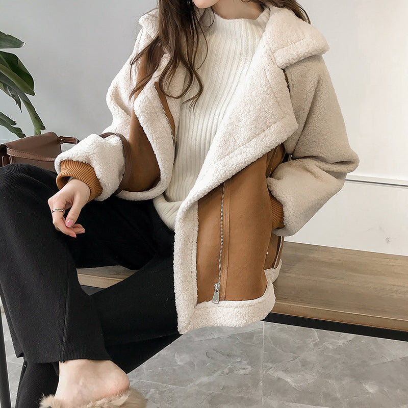 Veste d’Hiver Courte Femme en Suède avec Doublure Pelucheuse