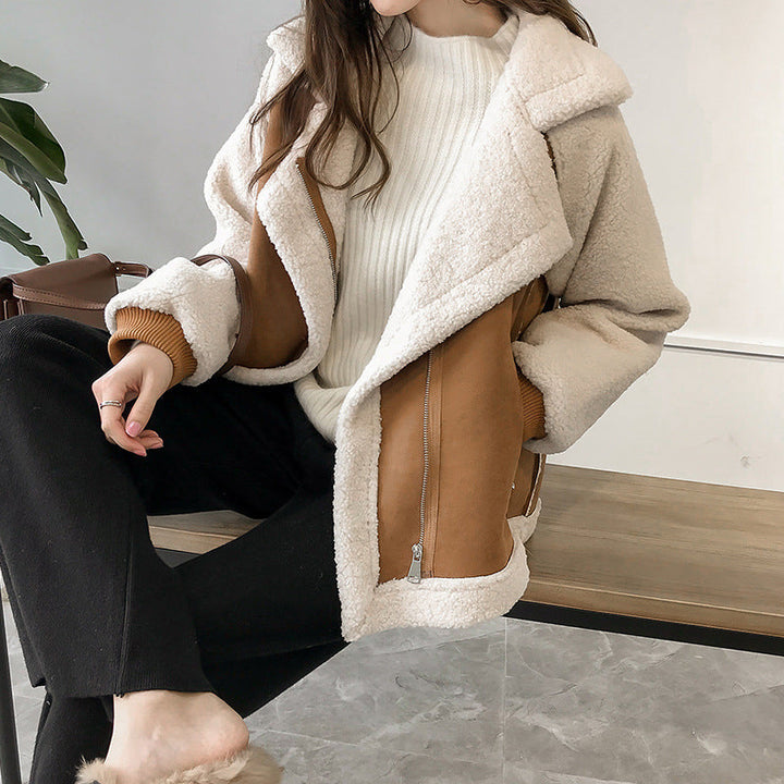 Veste d’Hiver Courte Femme en Suède avec Doublure Pelucheuse
