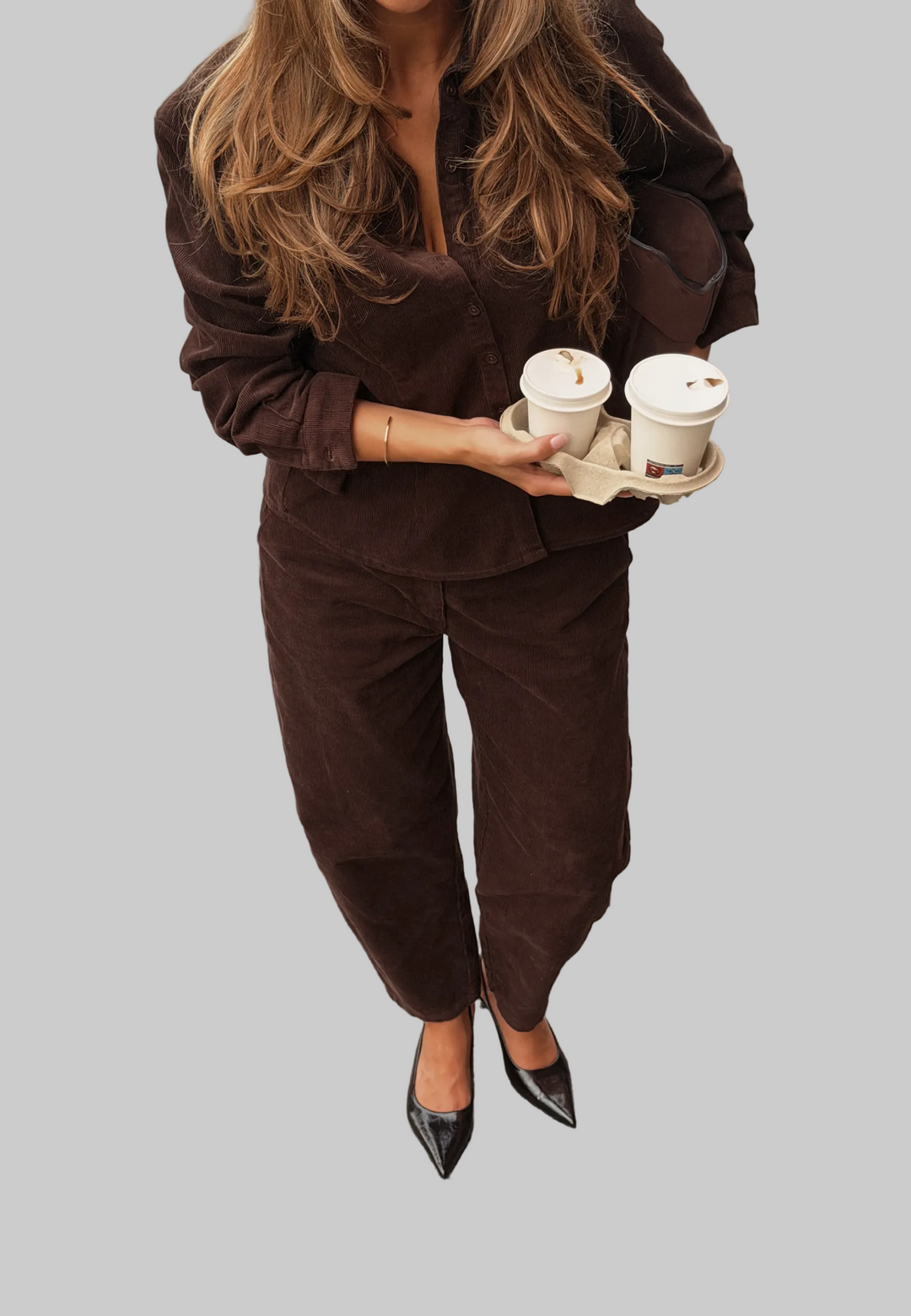 Pantalon Femme en Velours Côtelé Taille Mi-Haute Coupe Barrel