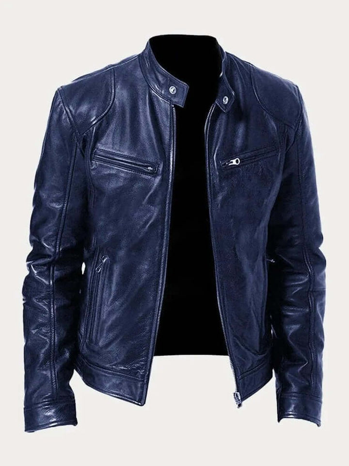 Blouson Motard Homme En Cuir Col Montant Zippé