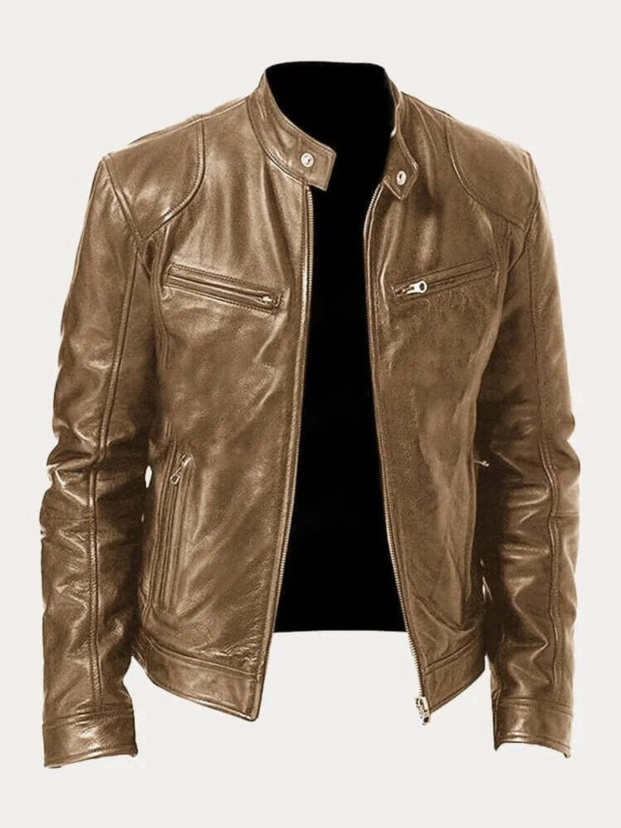 Blouson en Cuir Homme Motard Zippé Col Montant