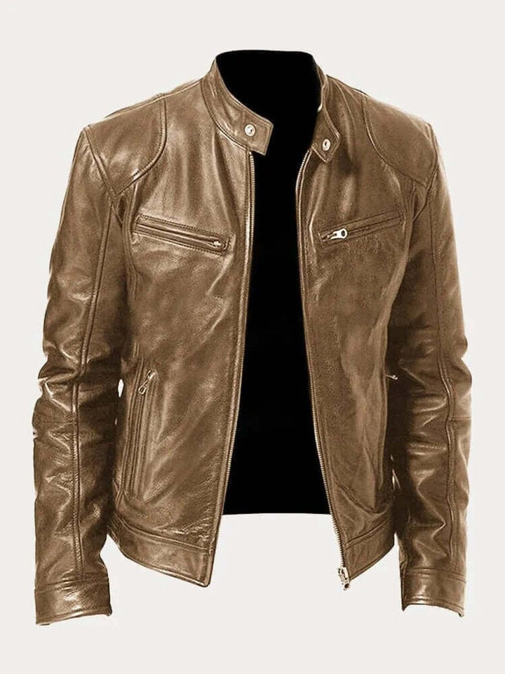 Blouson en Cuir Homme Motard Zippé Col Montant