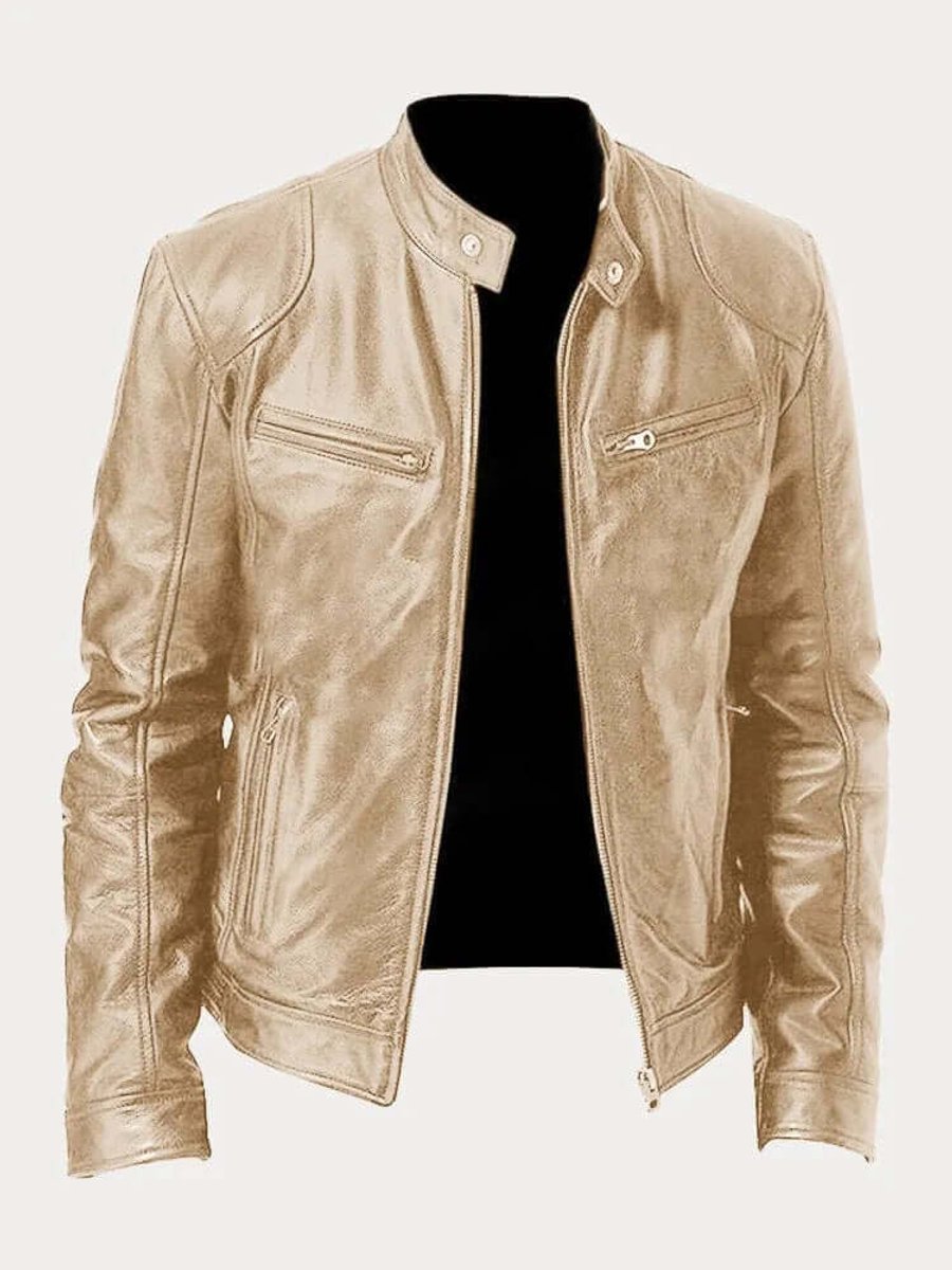 Blouson en Cuir Homme Motard Zippé Col Montant