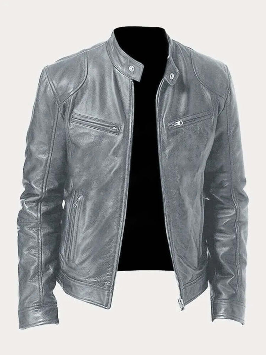 Blouson en Cuir Homme Motard Zippé Col Montant