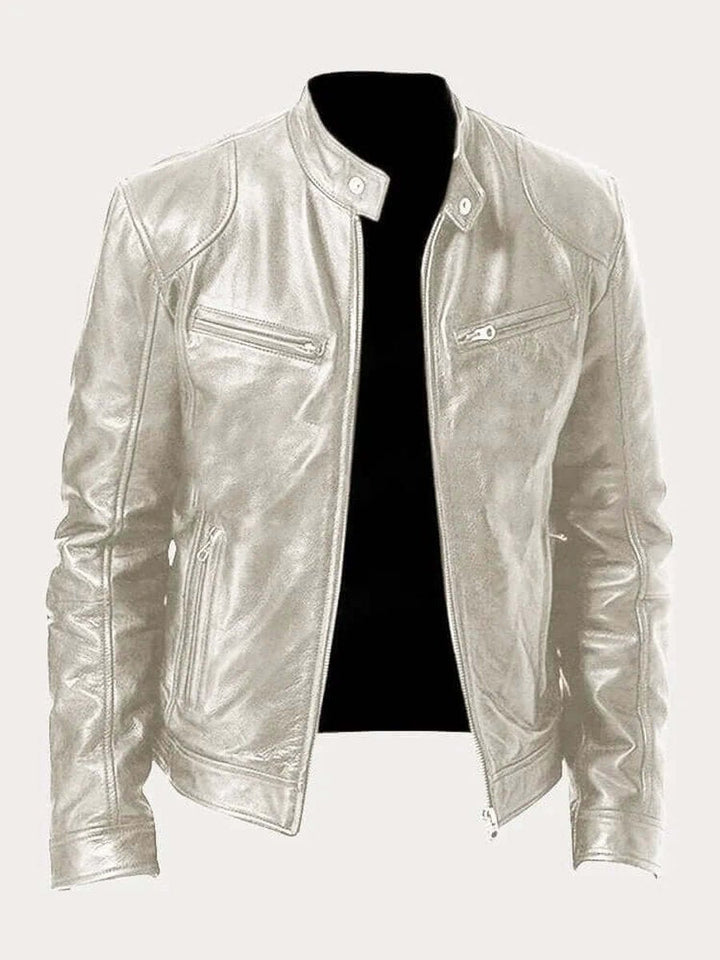 Blouson en Cuir Homme Motard Zippé Col Montant