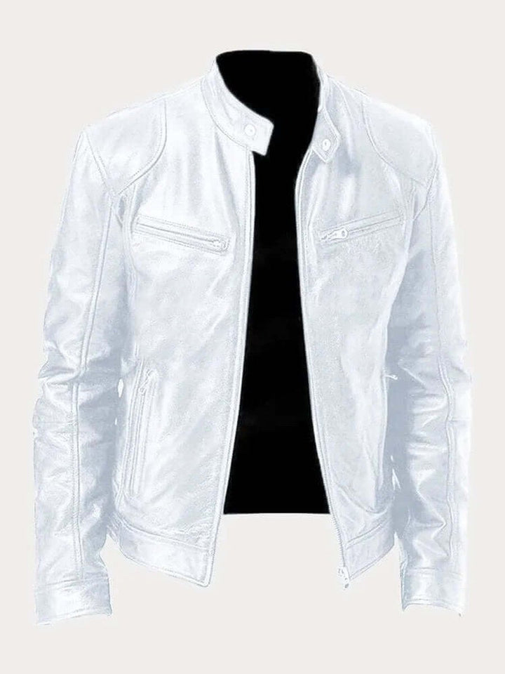 Blouson en Cuir Homme Motard Zippé Col Montant